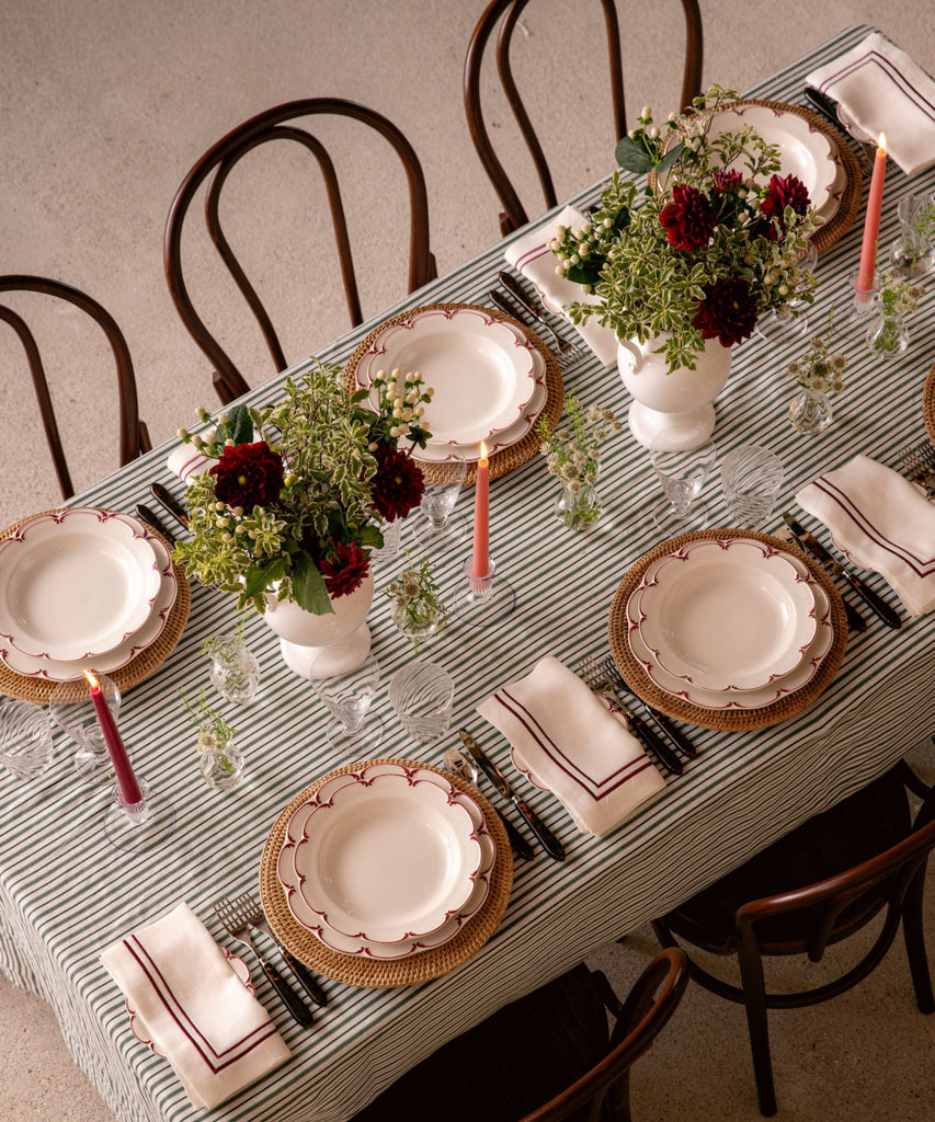 REBECCA UDALL Scalloped Olivia crockery plates with red rim