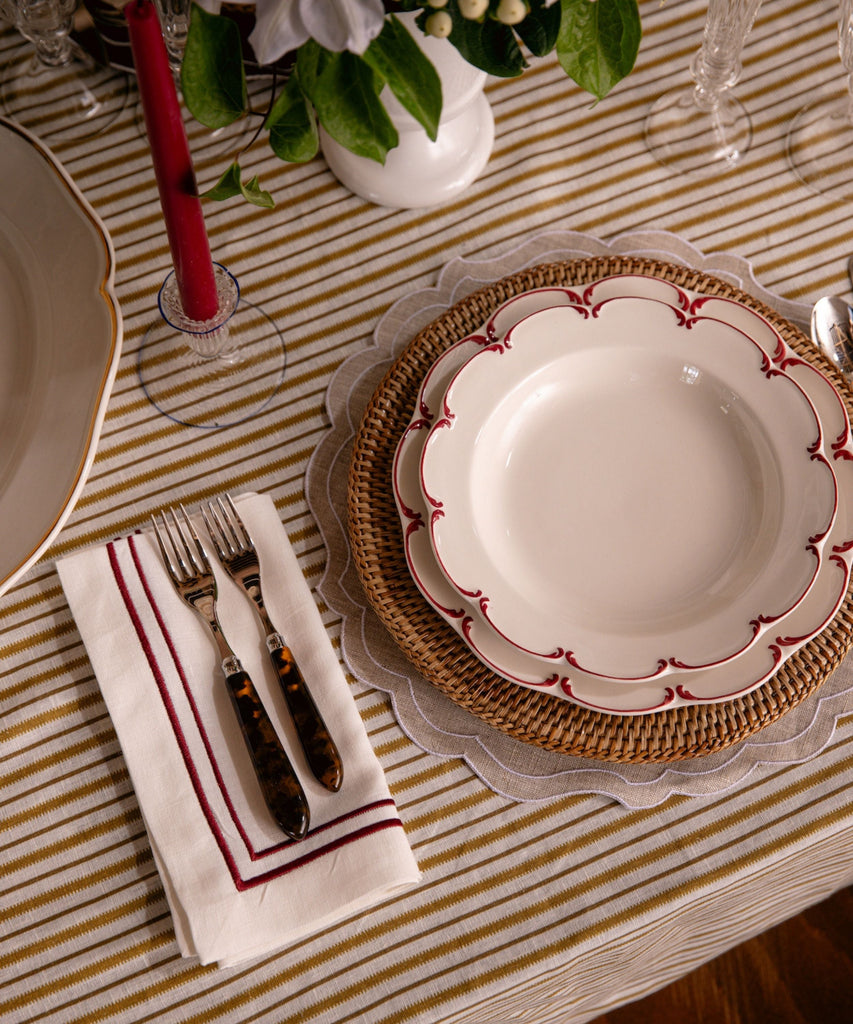 REBECCA UDALL Scalloped Olivia crockery plates with red rim