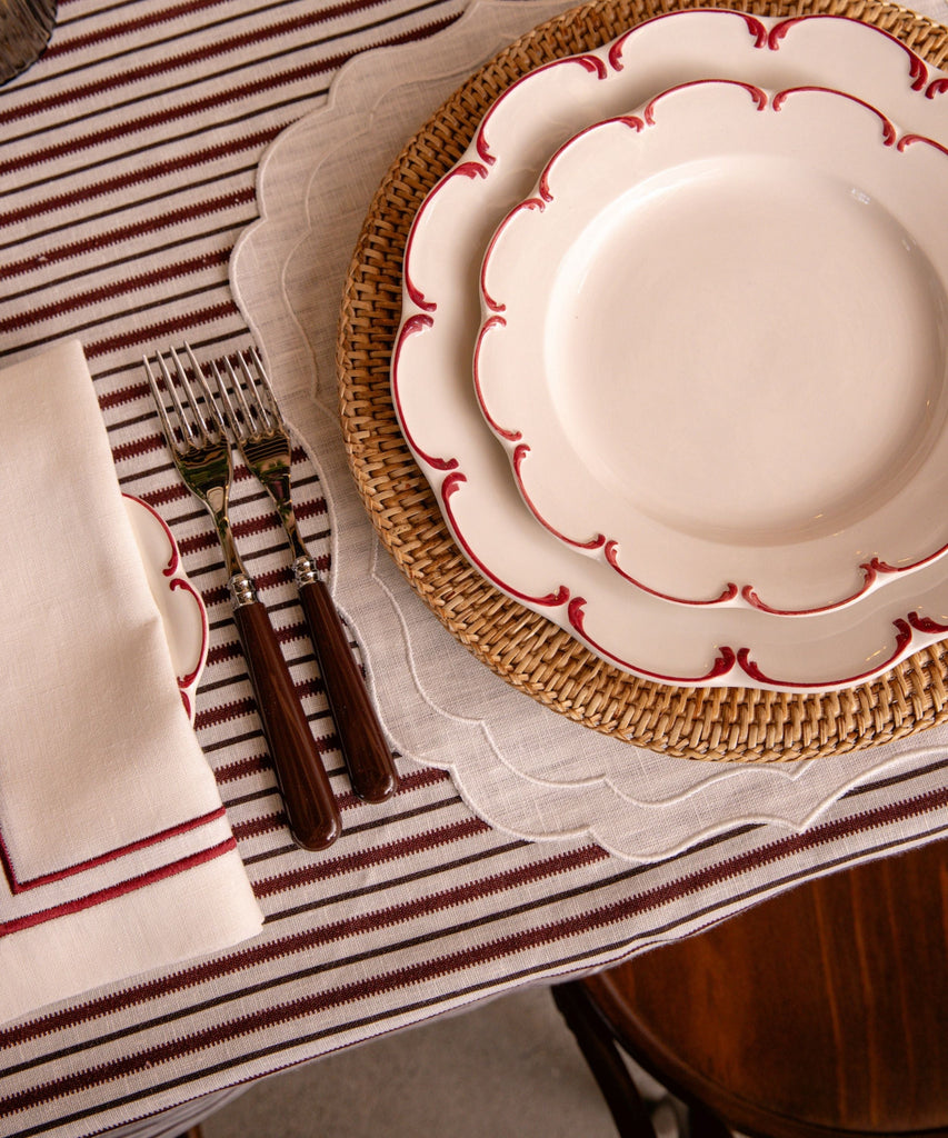 REBECCA UDALL Scalloped Olivia crockery plates with red rim