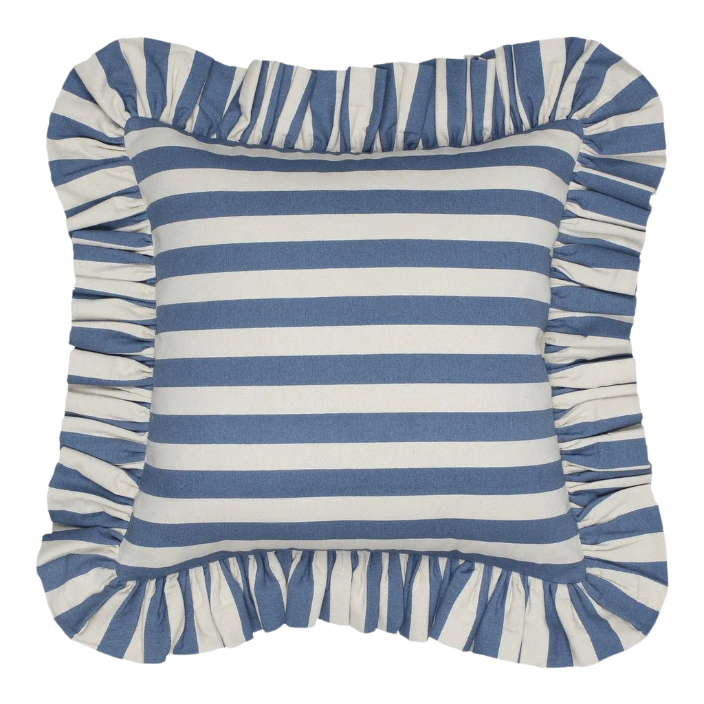 Tangier Stripes Frilly Cushion, Denim