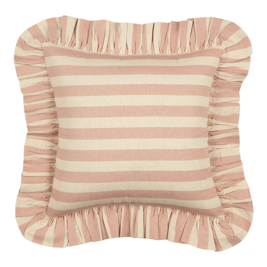 Tangier Stripes Frilly Cushion, Rhubarb