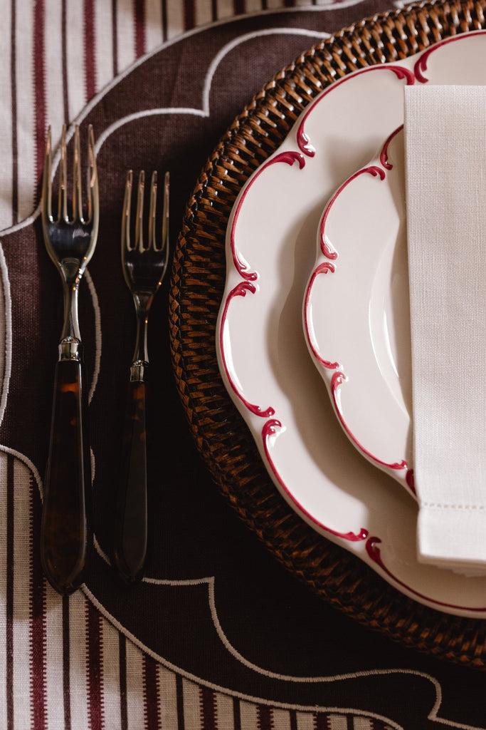 REBECCA UDALL Scalloped Olivia crockery plates with red rim