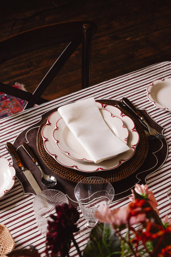 REBECCA UDALL Scalloped Olivia crockery plates with red rim