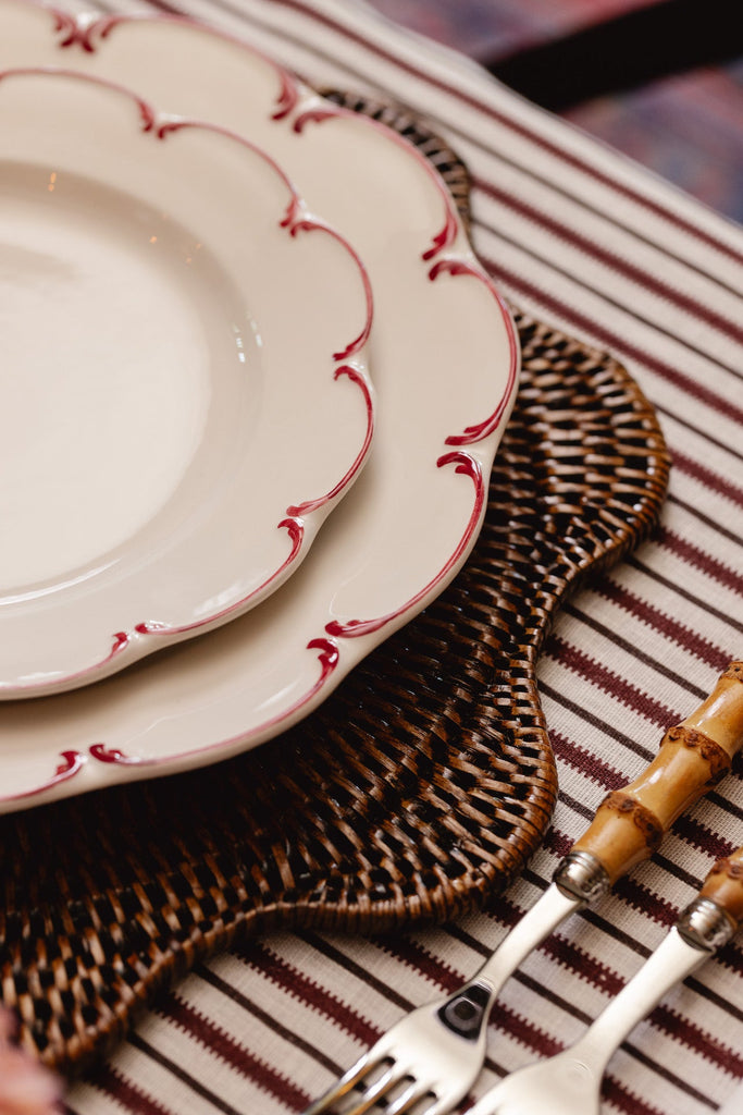 REBECCA UDALL Scalloped Olivia crockery plates with red rim