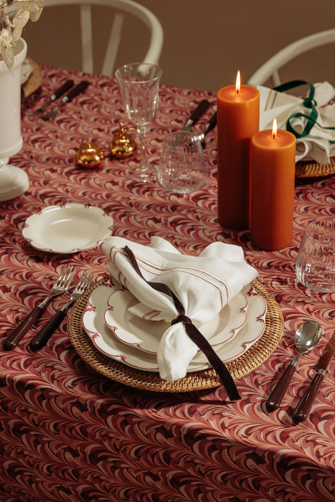 Rebecca Udall, Marble Contemporary Whimsical Patterned Linen Tablecloth, Pink Red 