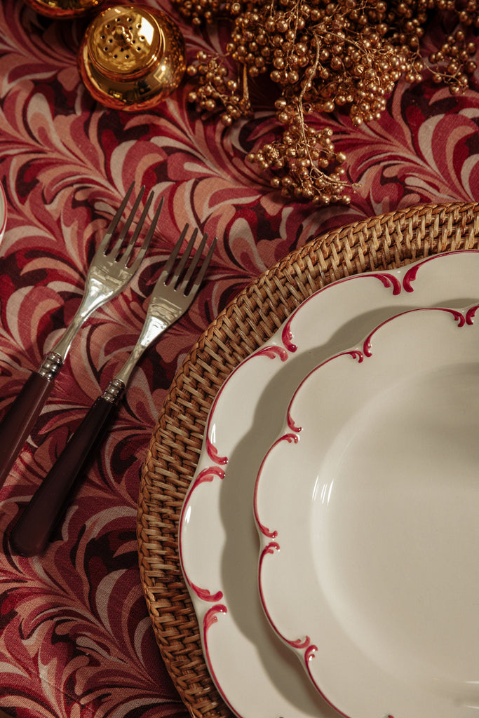 Rebecca Udall, Marble Contemporary  Patterned Linen Tablecloth, Pink Red with Rattan Placemat