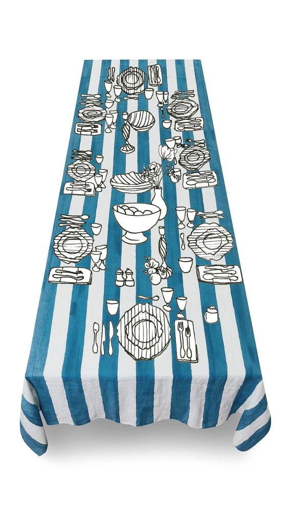 Summerill & Bishop Striped Linen Tablecloth Sky Blue