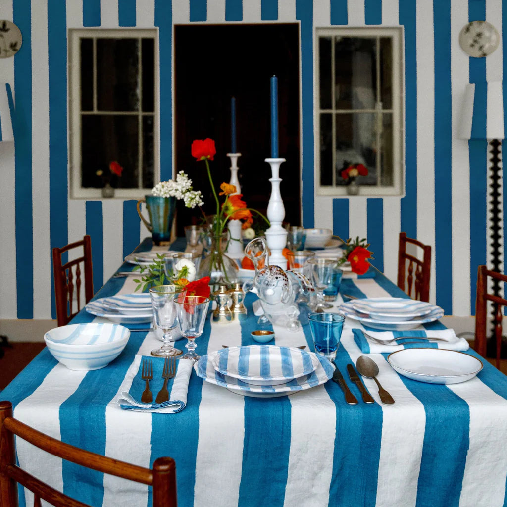 Summerill & Bishop Striped Linen Tablecloth Sky Blue