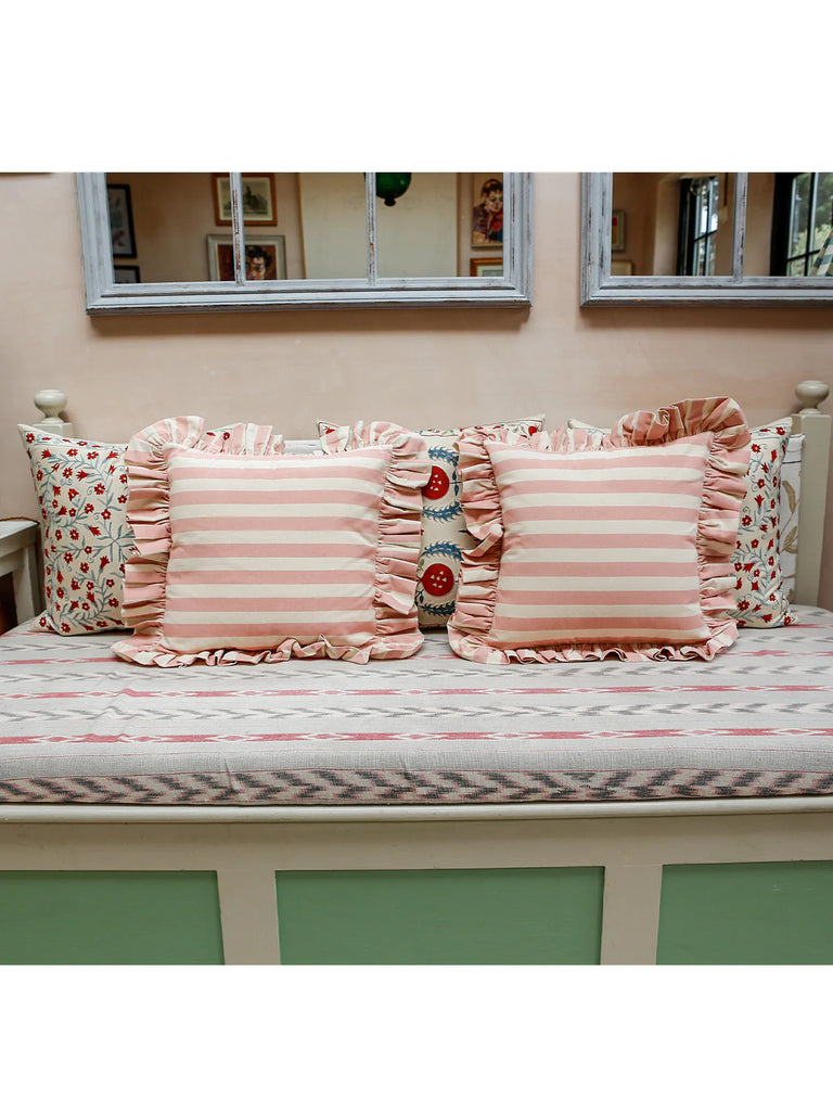 Tangier Stripes Frilly Cushion, Rhubarb