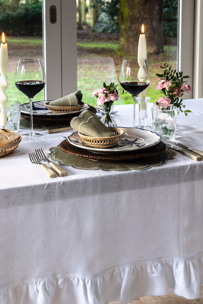 High quality luxury white ruffled frilled Irish linen tablecloth, wedding tablecloth